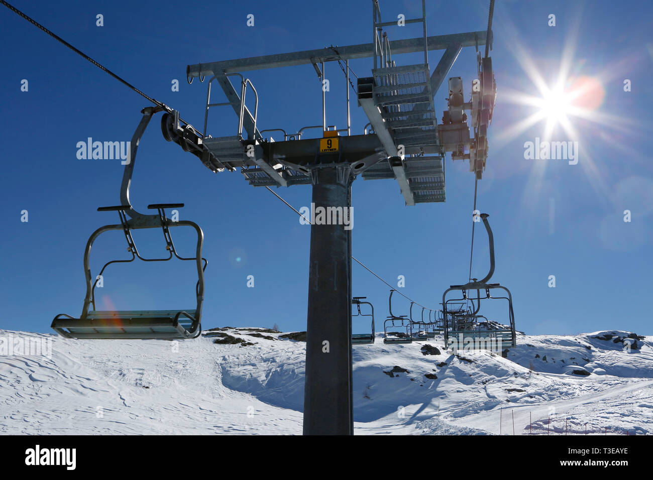 Blick von der Sesselbahn, Ski Resort, San Martino di Castrozza, Trentino, Italien, Europa Stockfoto