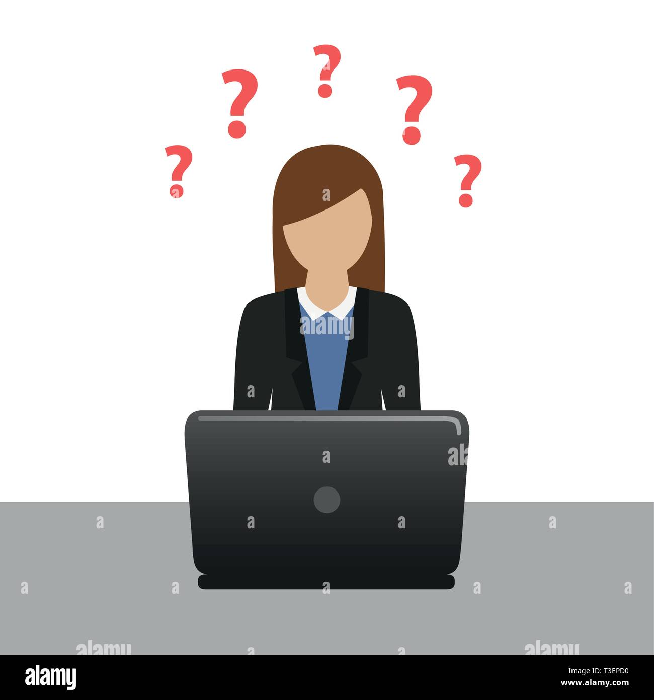Business woman auf dem Laptop hat viele Fragen Vektor-illustration EPS 10. Stock Vektor
