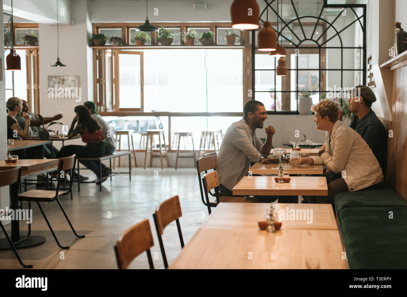 Junge Gruppe von Freunden gemeinsamen Mittagessen in einem Bistro Stockfoto