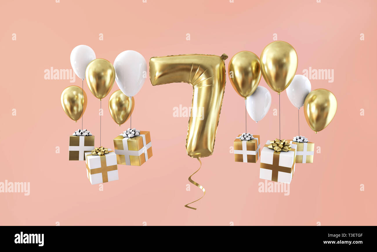 Nummer 7 Geburtstag Gold Ballon mit präsentiert. 3D-Rendering Stockfoto