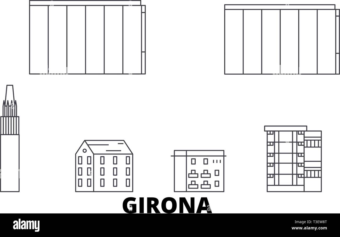 Spanien, Girona Linie reisen Skyline. Spanien, Girona Überblick Stadt Vektor-illustration, Symbol, Reisen, Sehenswürdigkeiten, Wahrzeichen. Stock Vektor