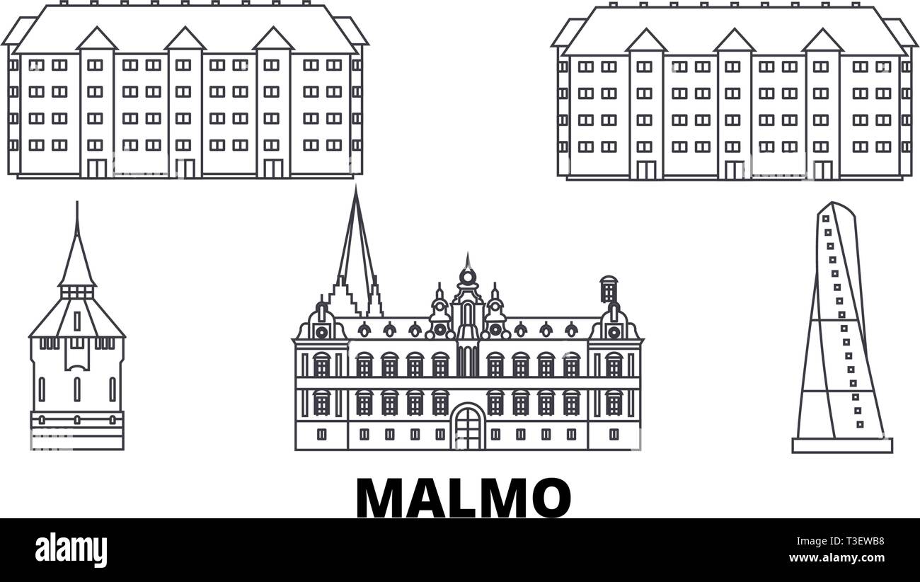 Schweden, Malmö line Reisen Skyline. Schweden, Malmö übersicht Stadt Vektor-illustration, Symbol, Reisen, Sehenswürdigkeiten, Wahrzeichen. Stock Vektor