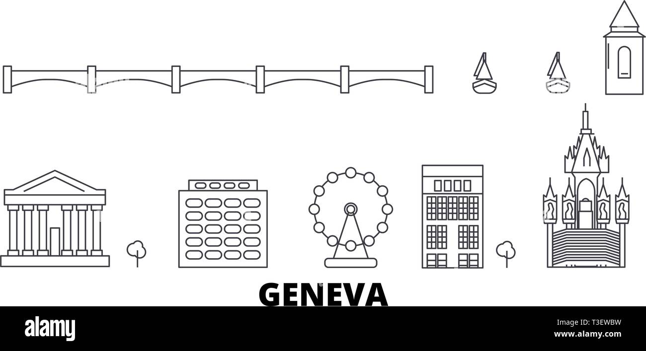 Schweiz, Genf line Reisen Skyline. Schweiz, Genf übersicht Stadt Vektor-illustration, Symbol, Reisen, Sehenswürdigkeiten, Wahrzeichen. Stock Vektor