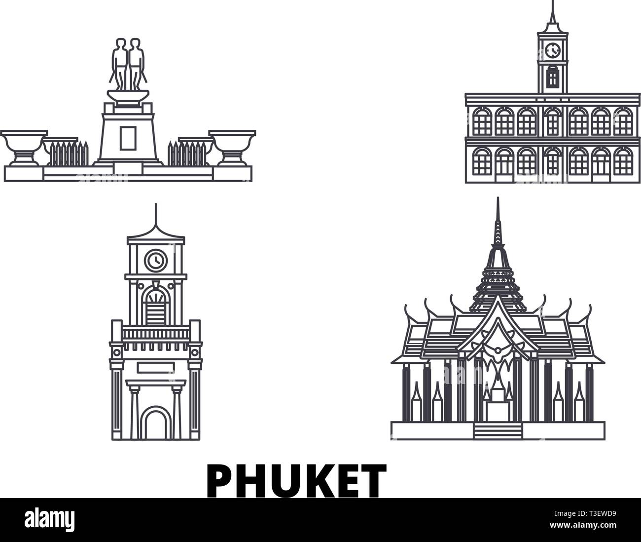 Thailand, Phuket online reisen Skyline. Thailand, Phuket Übersicht Stadt Vektor-illustration, Symbol, Reisen, Sehenswürdigkeiten, Wahrzeichen. Stock Vektor