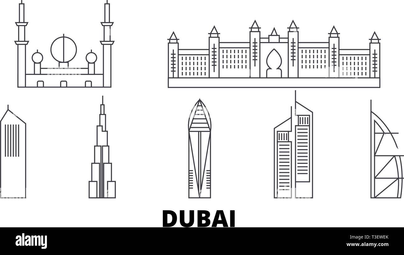 Vereinigte Arabische Emirate, Dubai City Line reisen Skyline. Vereinigte Arabische Emirate, Dubai City Übersicht Stadt Vektor-illustration, Symbol, reisen Sehenswürdigkeiten Stock Vektor