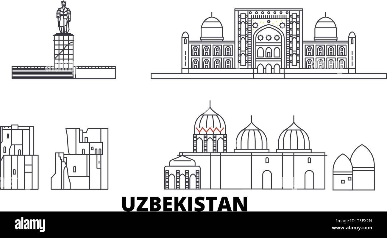 Usbekistan line Reisen Skyline. Usbekistan Umrisse Stadt Vektor-illustration, Symbol, Reisen, Sehenswürdigkeiten, Wahrzeichen. Stock Vektor