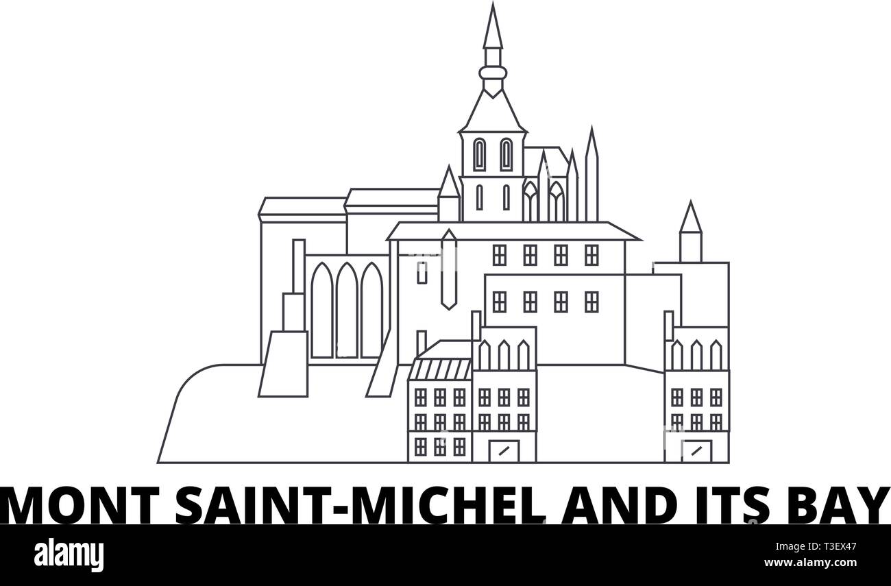 Frankreich, Mont Saint Michel und seine Bucht Referenzmarkenlinie reisen Skyline. Frankreich, Mont Saint Michel und seine Bucht skizzieren Sehenswürdigkeit Stadt Vektor Stock Vektor