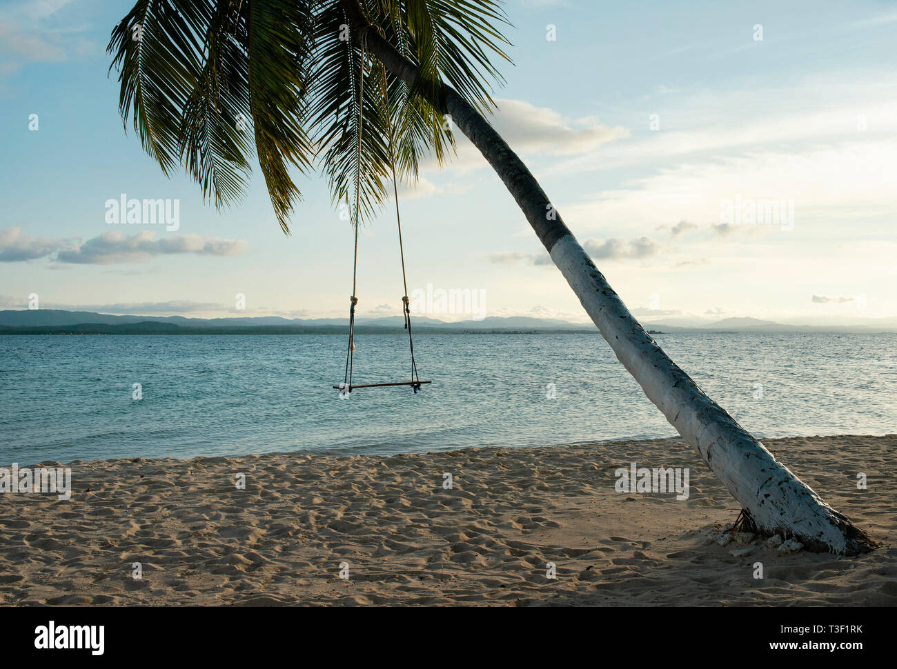 Strand Schwingen zu eine Palme in tropischen Einstellungen angebracht. RF off-season Travel Concept. San Blas Inseln, Panama, Mittelamerika. Okt 2018 Stockfoto