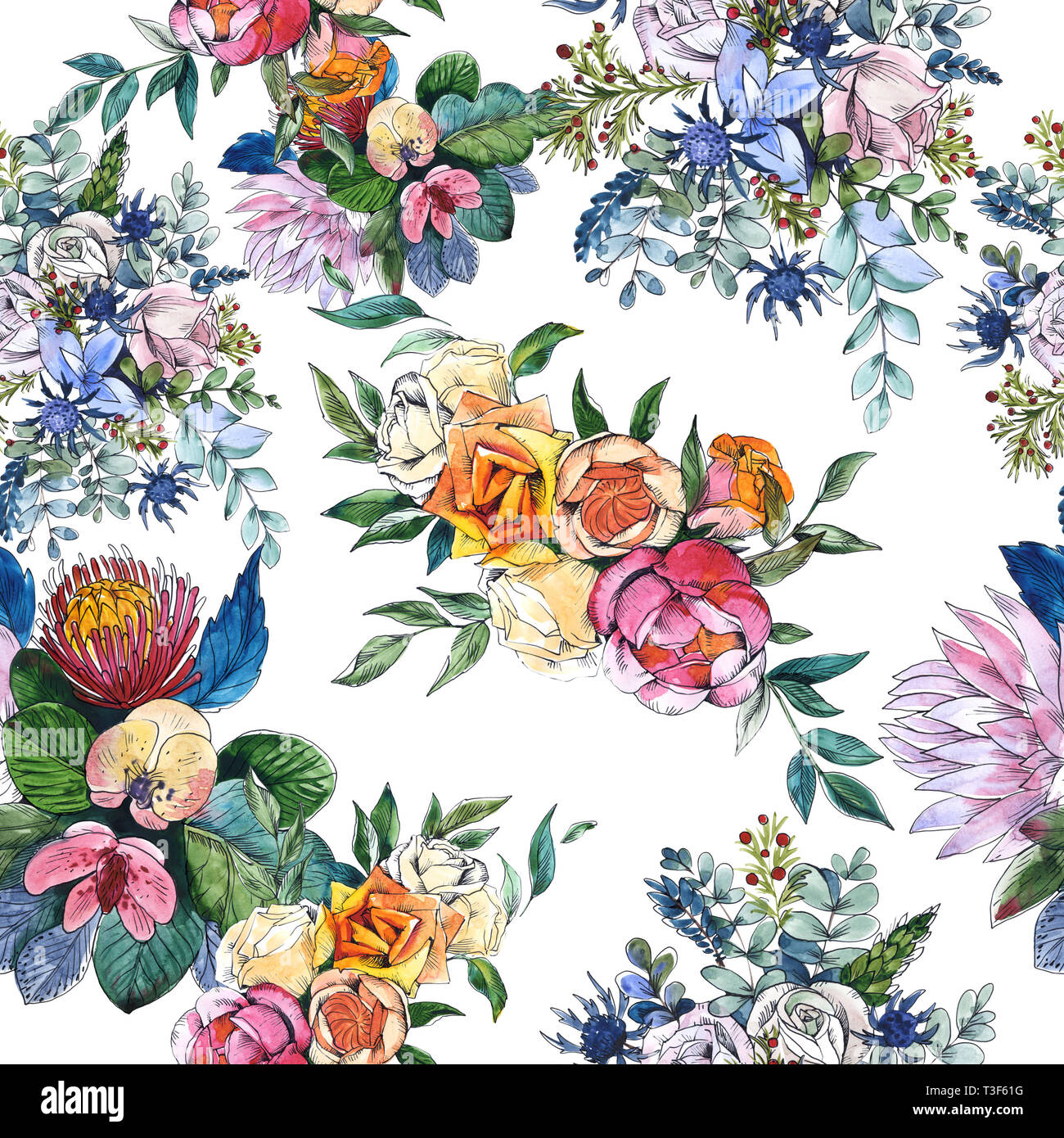 Wildblumen bouquet Blumig botanischen Blumen. Aquarell Hintergrund Abbildung. Nahtlose Muster. Stockfoto