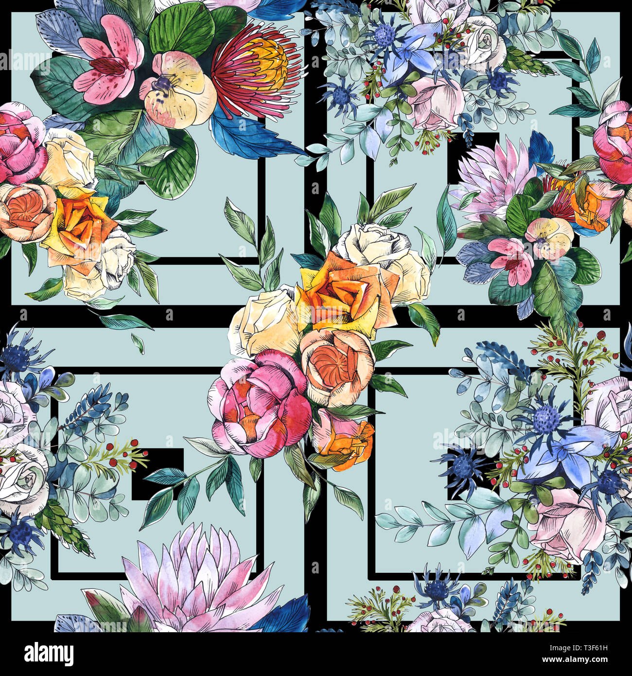 Wildblumen bouquet Blumig botanischen Blumen. Aquarell Hintergrund Abbildung. Nahtlose Muster. Stockfoto