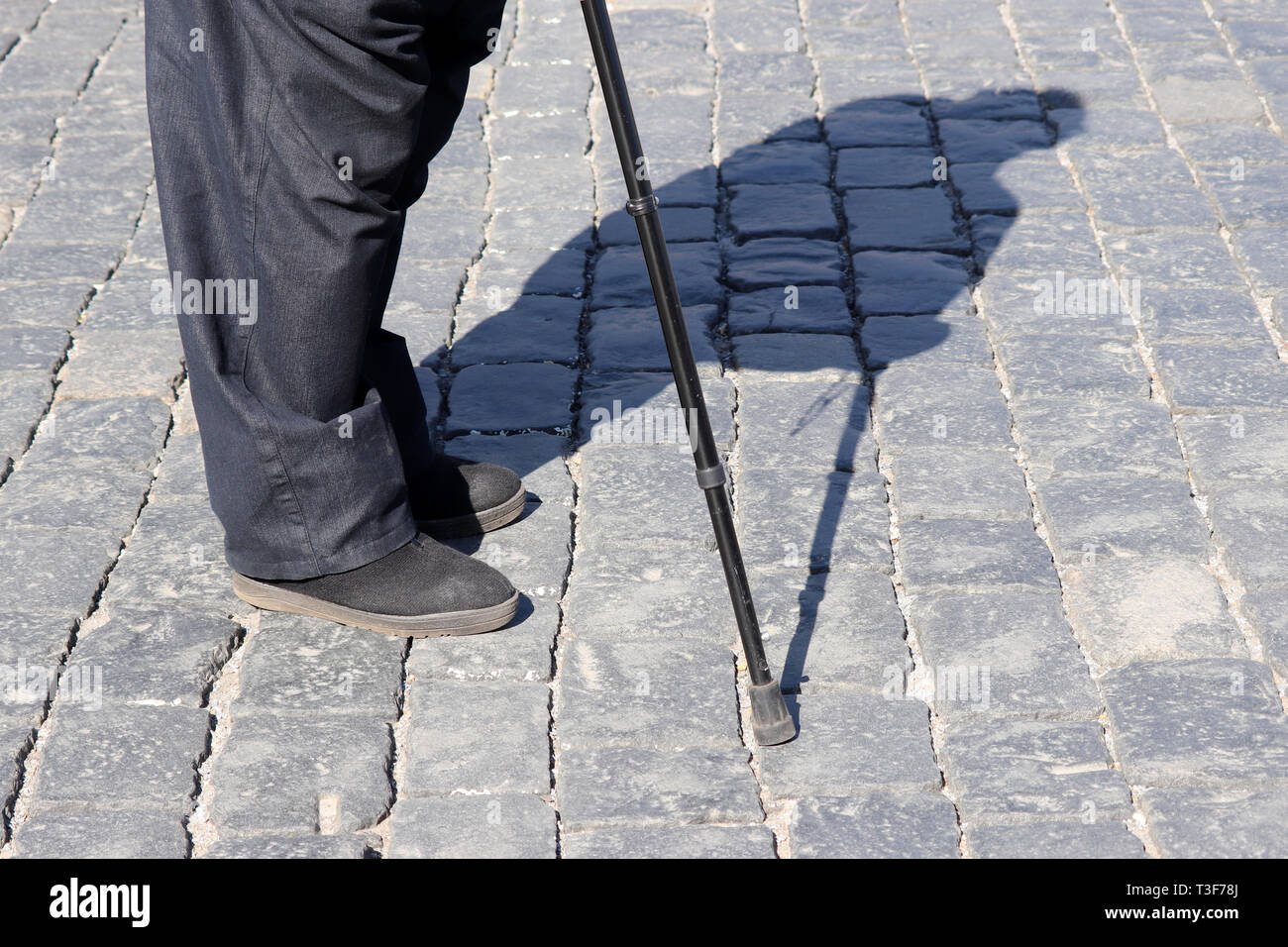 Alte Mann stand auf einer Straße mit Spazierstock, Schatten auf Pflaster. Konzept für Invalidität, Alter, Übergewicht, humpelnde Person, Erkrankungen der Beine Stockfoto