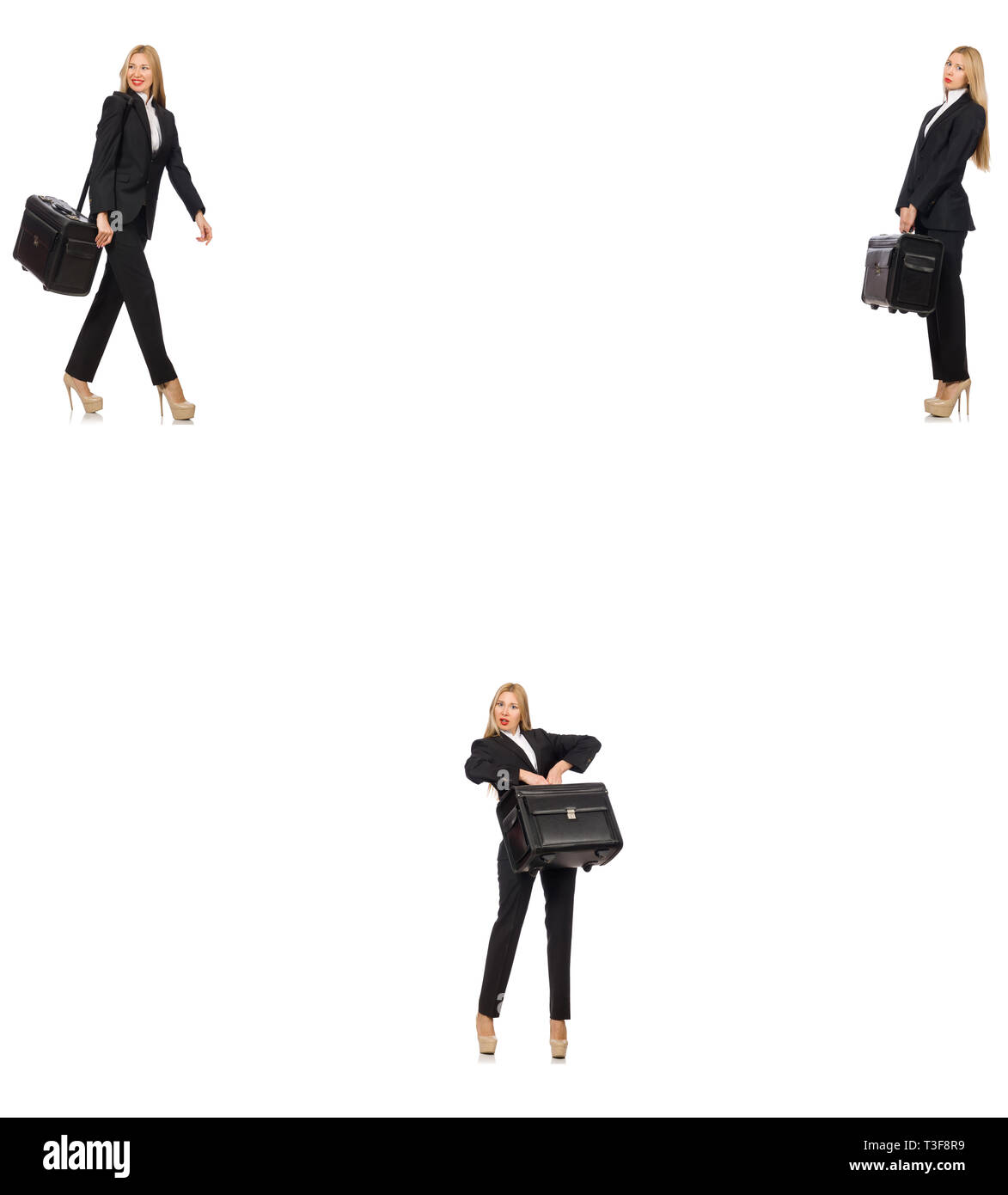 Geschäftsfrau mit Koffer isoliert auf weißem Stockfoto