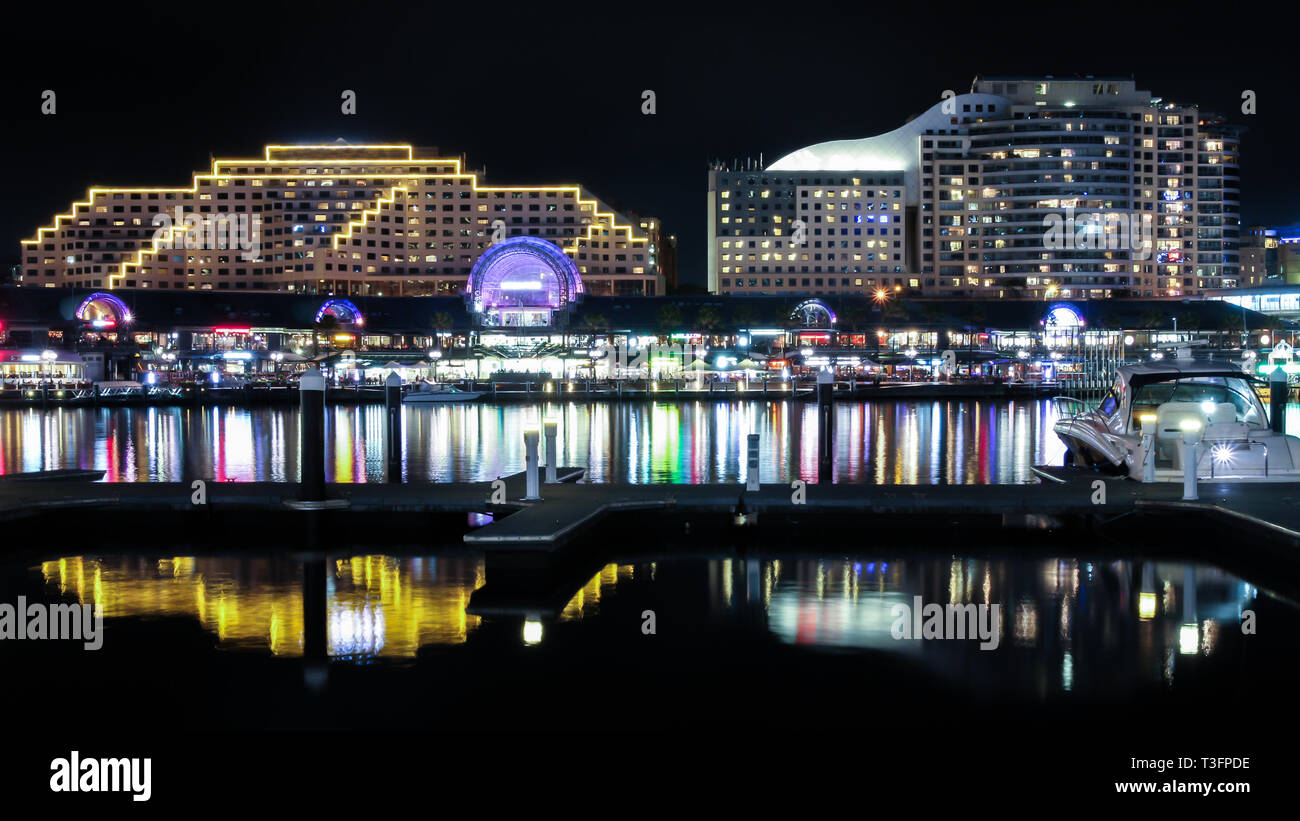 Sydney Darling Harbour pier Nacht Sicht, Sydney, Australien Stockfoto