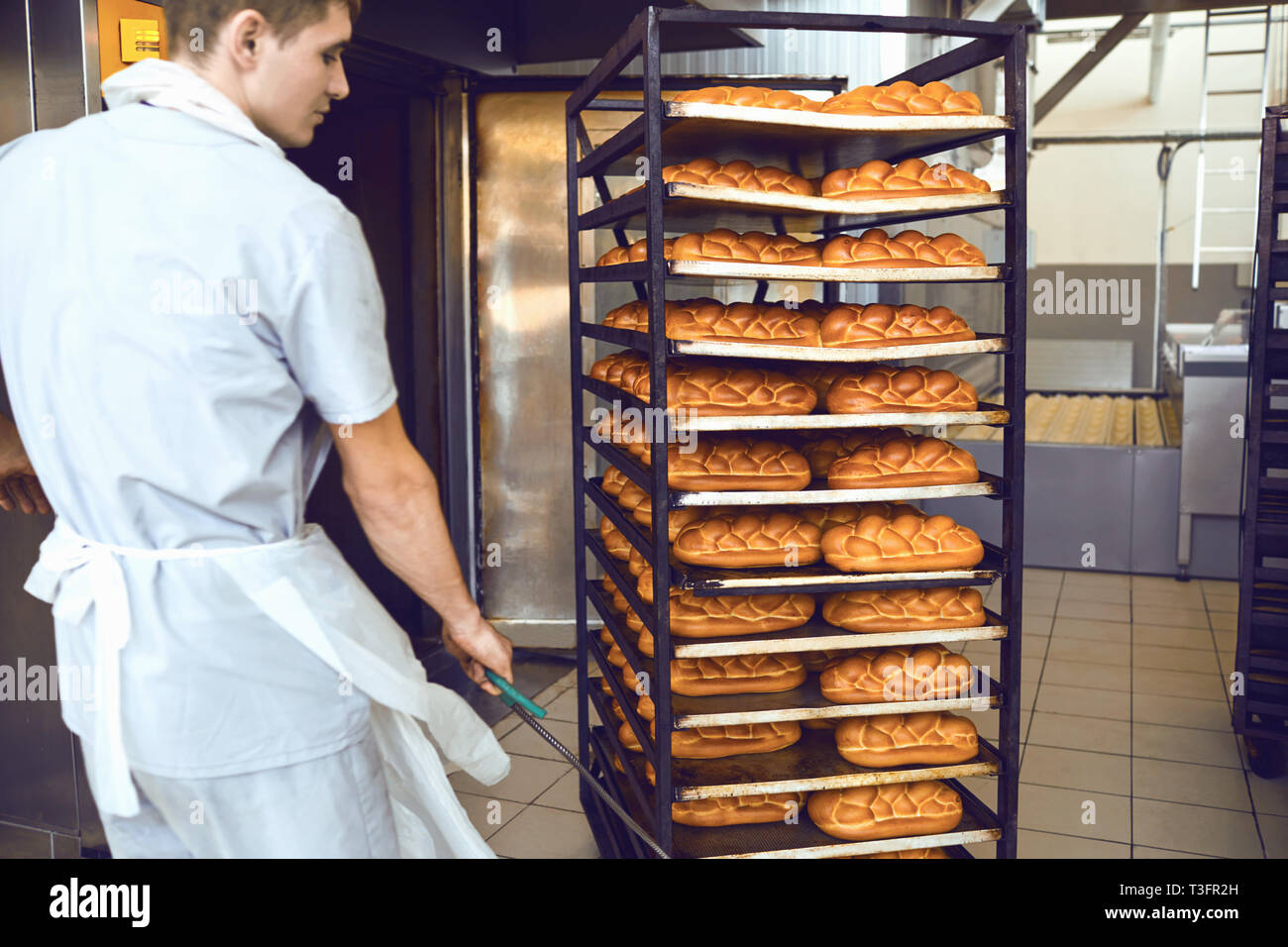 Der Bäcker schiebt ein Tablett mit Brot in der Bäckerei Manufaktur. Stockfoto