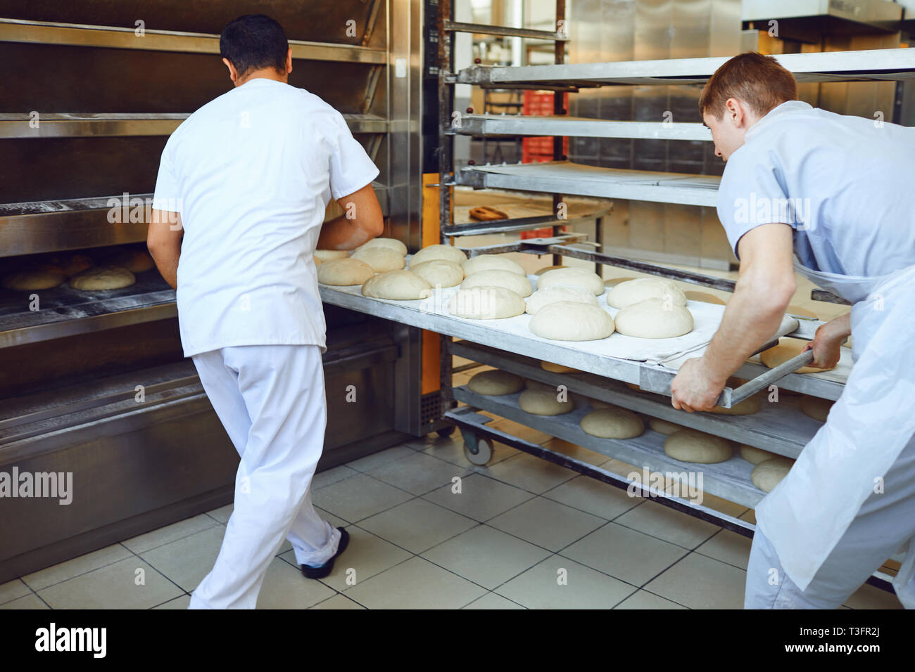 Bäcker Drängen ein Tablett mit Brot in den Backofen in der Bäckerei. Stockfoto