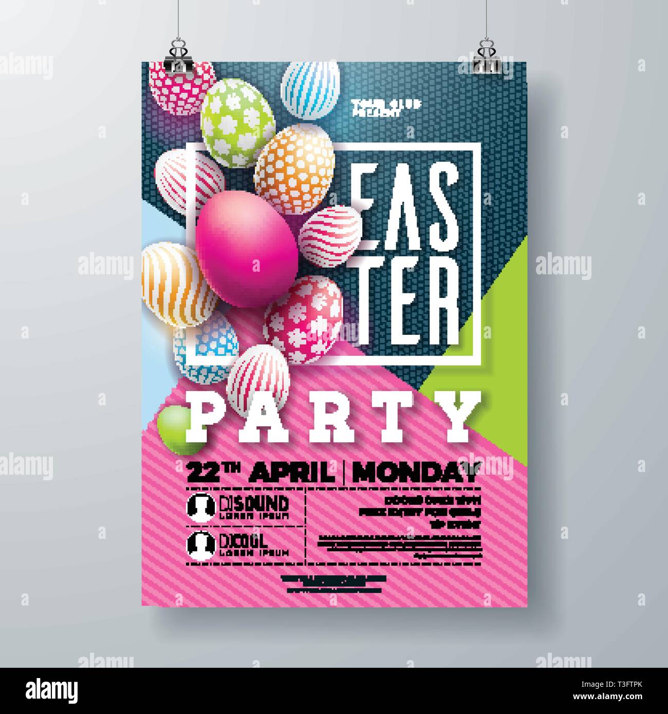 Vector Easter Party Flyer Illustration mit bemalten Eiern, Frühlingsblumen und Typografie-Elementen auf buntem Hintergrund. Frühlingsfeiertage Stock Vektor