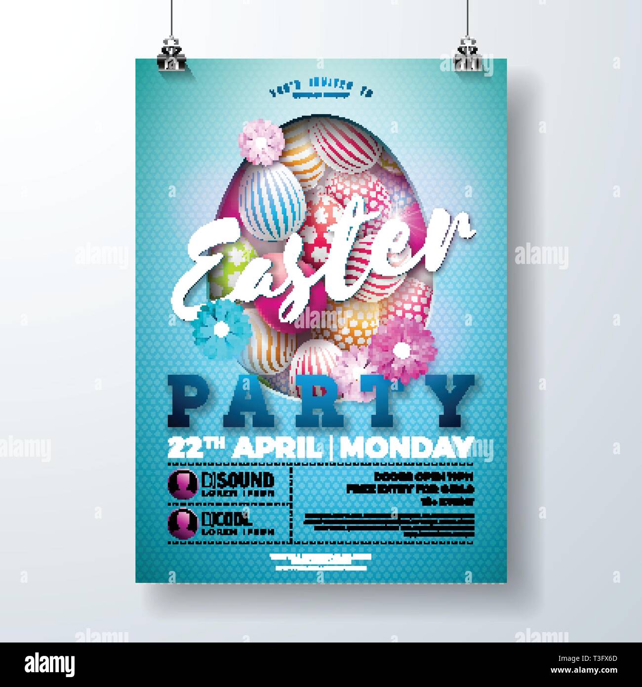 Vector Easter Party Flyer Illustration mit bemalten Eiern, Frühlingsblumen und Typografie-Elementen auf hellblauem Hintergrund. Frühlingsfeiertage Stock Vektor