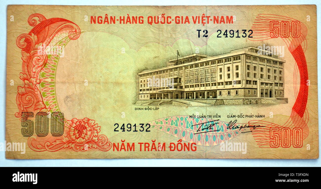 South Vietnam 500 Dong Banknote von 1970 zeigt den Palast der Unabhängigkeit Stockfoto