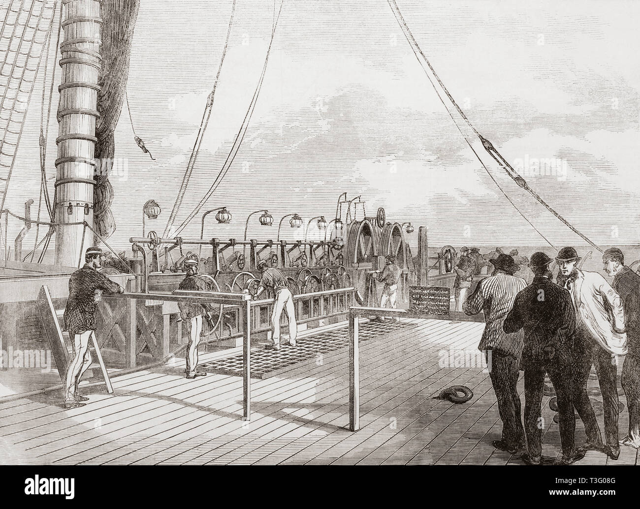 Die Auszahlung Maschinen der Atlantic telegraph Kabel an Bord der Großen Östlichen. Von der Illustrated London News, veröffentlicht 1865. Stockfoto