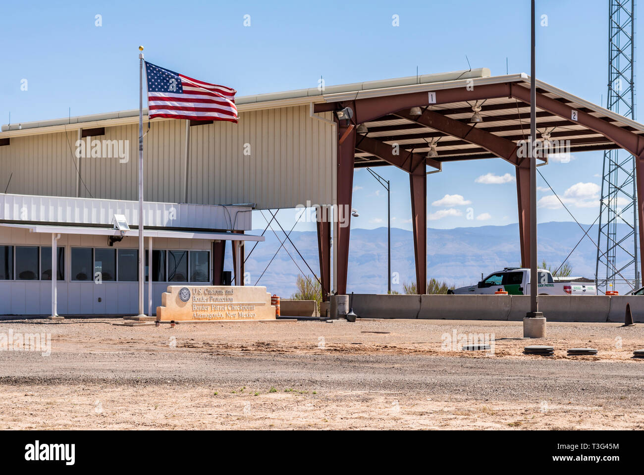 New Mexico Border Patrol Checkpoint Station auf dem US Highway 70 zwischen Alamogordo und Las Cruces, geschlossen Ressourcen der US-mexikanischen Grenze zu lenken. Stockfoto