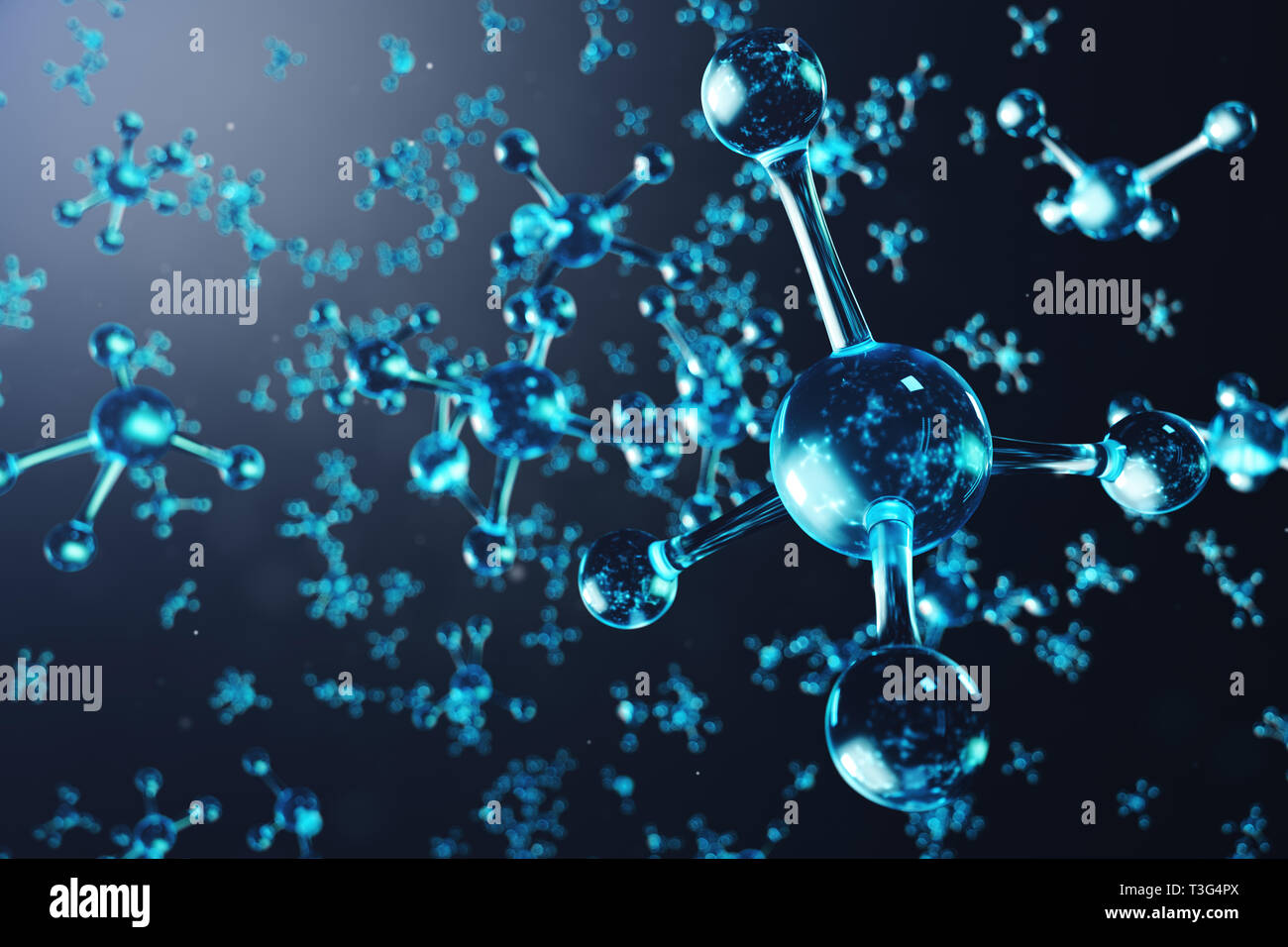 3D-Illustration Molekülstruktur. Wissenschaftlichen medizinischen Hintergrund mit Atomen und Molekülen. Wissenschaftlicher Hintergrund für Ihre Banner, Flyer, Vorlage, Te Stockfoto