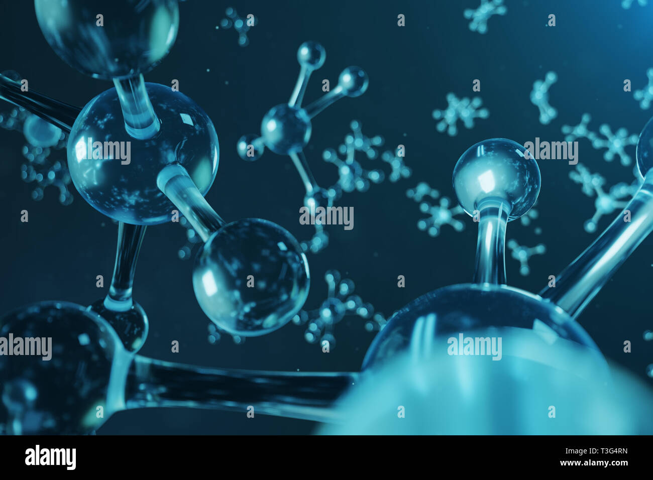 3D-Illustration Molekülstruktur. Wissenschaftlichen medizinischen Hintergrund mit Atomen und Molekülen. Wissenschaftlicher Hintergrund für Ihre Banner, Flyer, Vorlage, Te Stockfoto