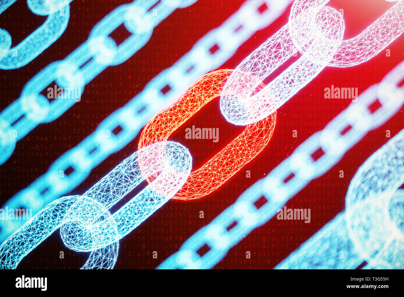 Block Chain Konzept, digitale block Ketten Technologie. Cryptocurrency, Konzept der digitalen Code. Red Kette links Netzwerk. Niedrige vieleckigen Netz von Dreiecken Stockfoto