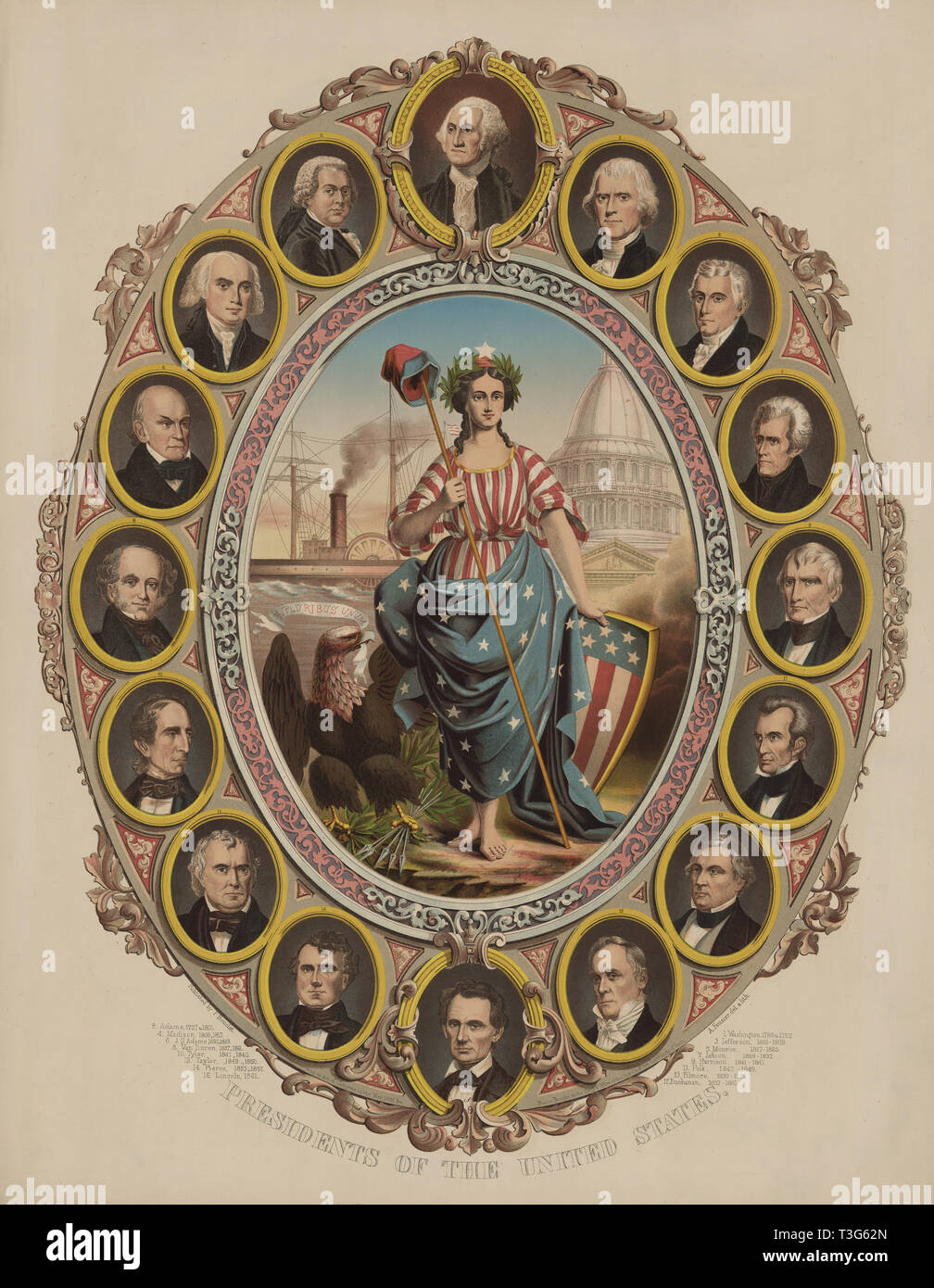 Präsidenten der Vereinigten Staaten, ovalen Porträts der ersten 16 Präsidenten, Lithographie von A. Feusier Stockfoto