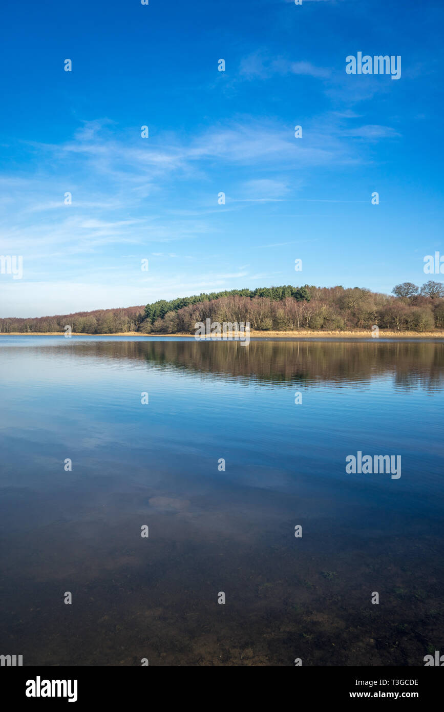 Schöne Aussicht mit Blick über den See auf einem blauen Himmel sonnigen Tag mit Reflektion Stockfoto