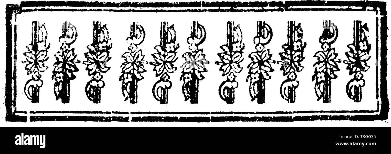 Antike Vektorzeichnung oder Gravur von Vintage floral dekorative Gestaltung von Blumen in Rahmen in Schwarz und Weiß. Ab Der neugepflansste kleine Baum-Garten, 1772. Stock Vektor