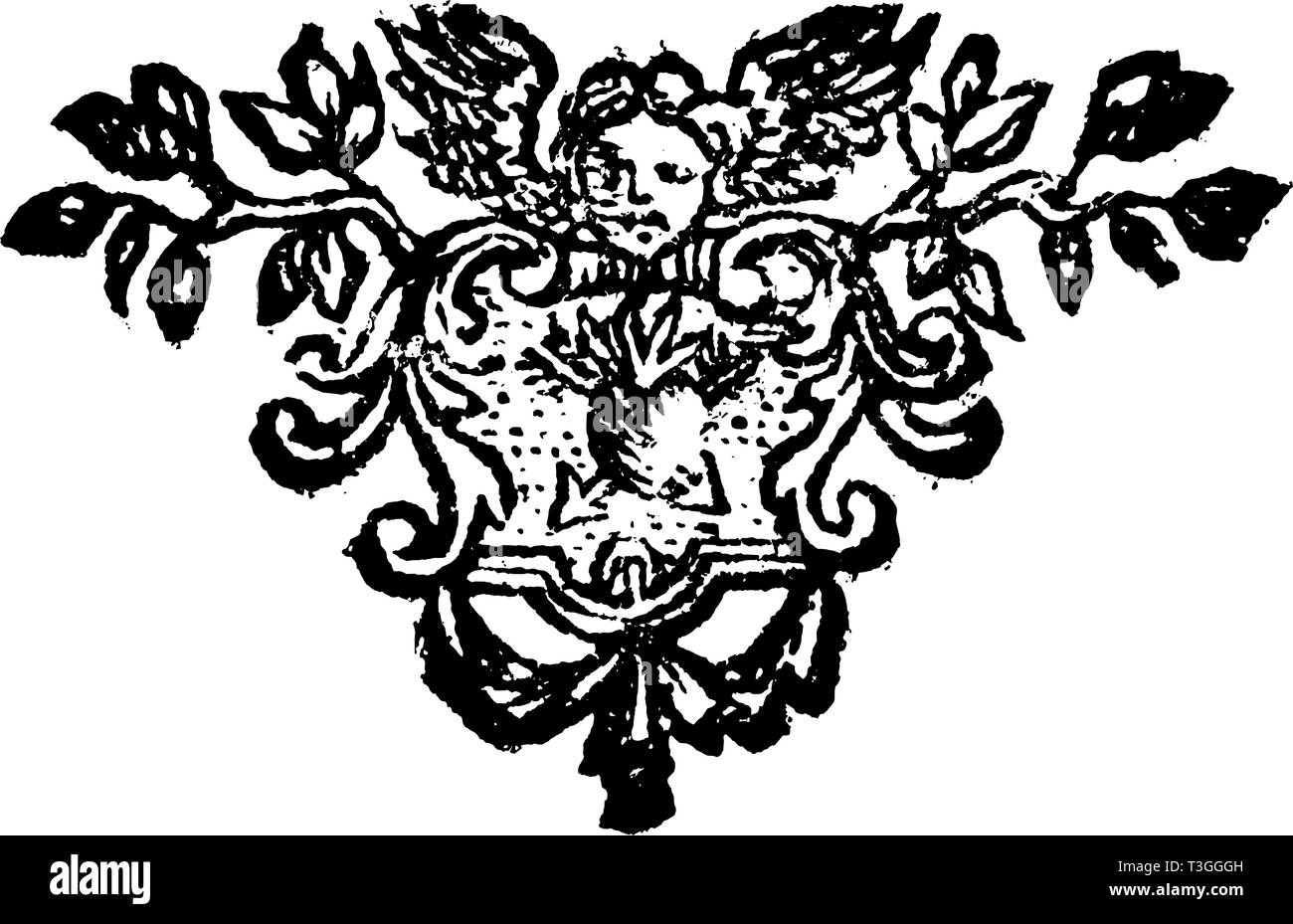 Antike Vektorzeichnung oder Gravur von klassischen Vintage floral dekorative Gestaltung der Engel Holding verzierten Schild mit Symbol des Herzens und Pfeile. Von Romische Historie, in Breslau 1762 gedruckt. Stock Vektor