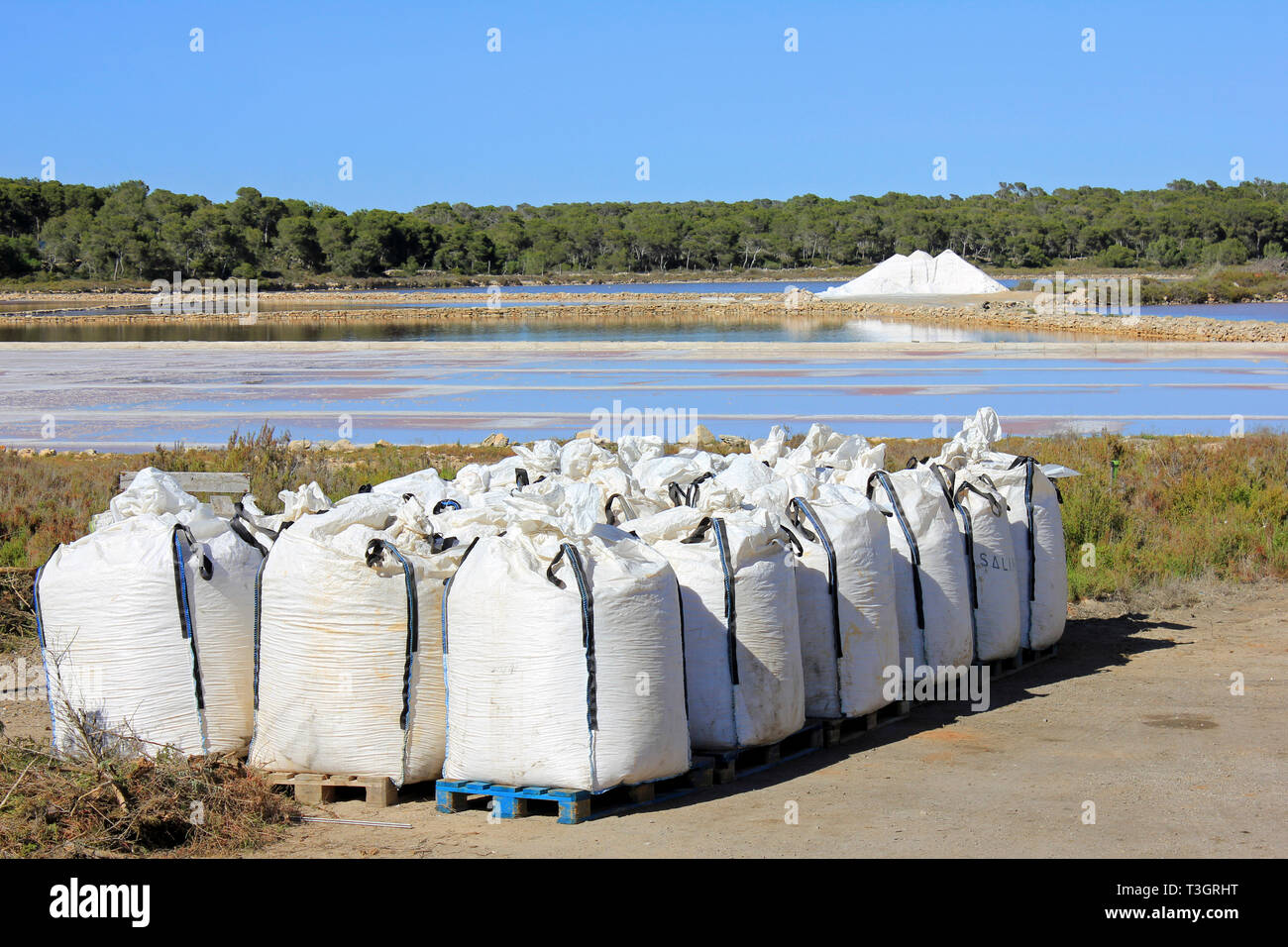 Salz arbeitet bei Salinas de s'Avall, Colonia Sant Jordi, Mallorca Stockfoto