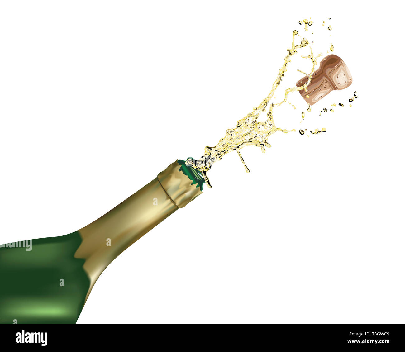 Champagner Flasche mit Korken aus Popping, isolierte Vektor Bild auf einem weißen Hintergrund. Stockfoto