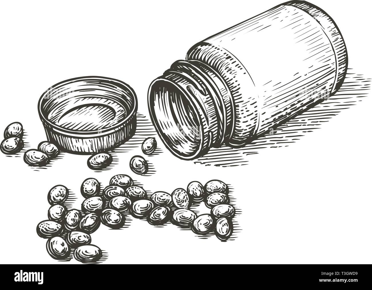 Hand gezeichnet Flasche mit Pillen. Pharmazie, Medizin Konzept. Skizze Vector Illustration Stock Vektor
