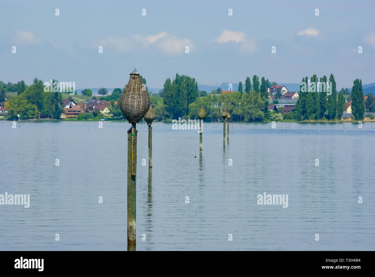 Navigation Zeichen in Form von Stangen, markieren Sie die Fahrrinne, hier in westlichen Bodensee, Deutschland. Stockfoto