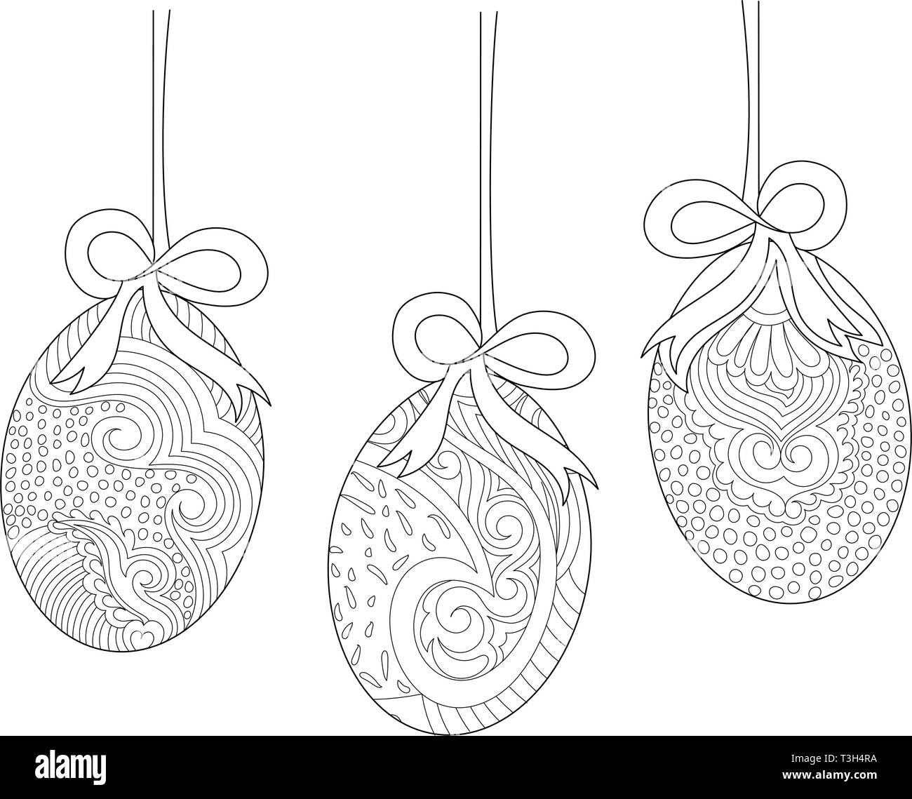 Hängenden Ostereier mit Bogen Linie Kunst Zeichnung in Zentangle Design Stock Vektor
