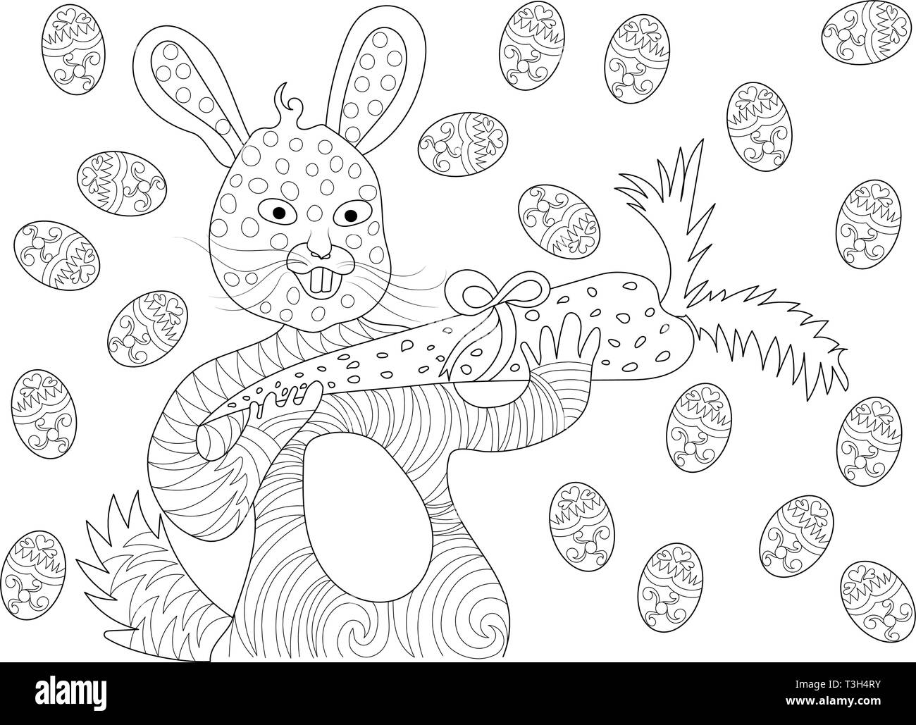 Osterhasen essen Karotten und mit Eiern im Malbuch Design Happy für Erwachsene und Kinder Stock Vektor