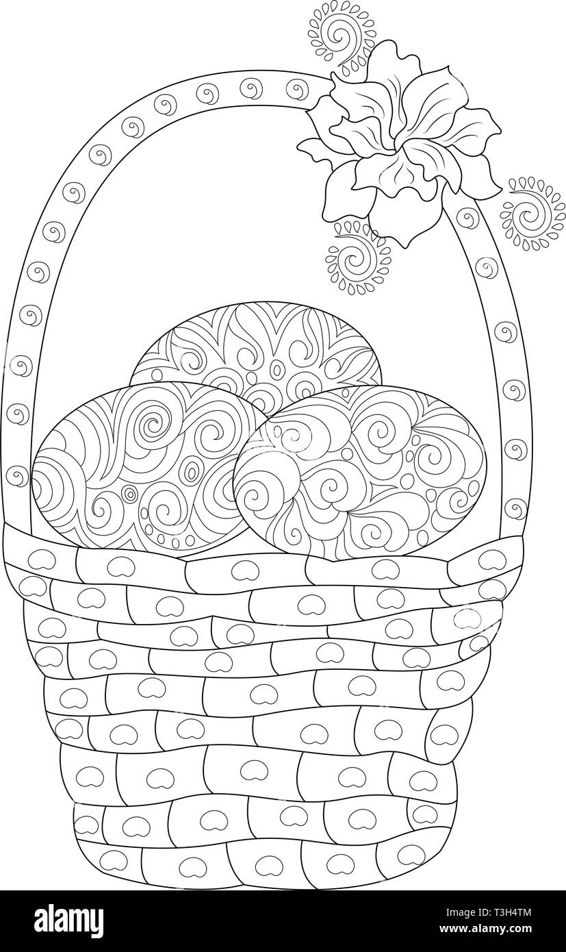 Ostern Korb mit Blumenschmuck in Zentangle Muster Zeichnung Stock Vektor