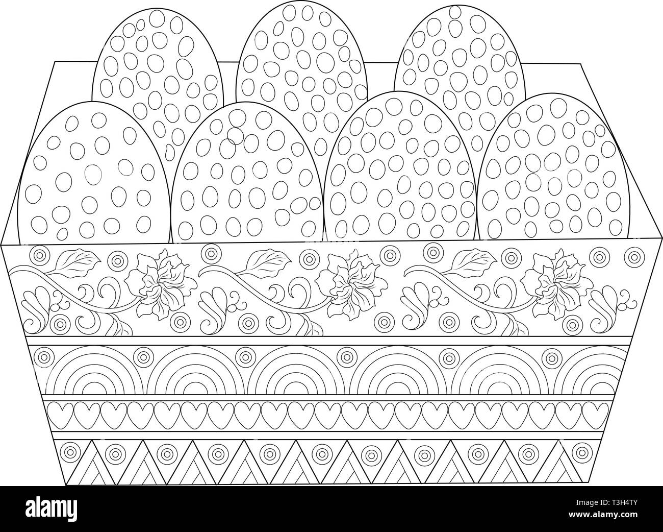 Easter Egg Fach mit 7 Eiern in der bunten Dekoration Schwarz und Weiß Stock Vektor