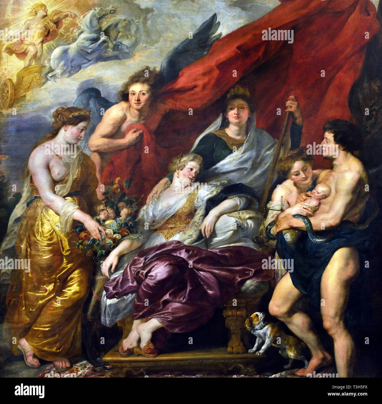 Die Geburt des Dauphin (Louis XIII) in Fontainebleau - Die Marie de Medici Zyklus 1622-1624 von Peter Paul Rubens im Auftrag von Königin Marie de Medici, der Witwe von König Heinrich IV. von Frankreich, für die Luxemburg Palace in Paris, Stockfoto