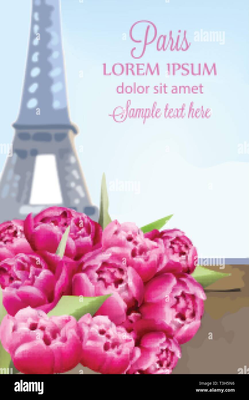 Ballons und Pfingstrose Blüten in Paris Vektor. Romantische Karte Frühling am Eiffelturm Stock Vektor