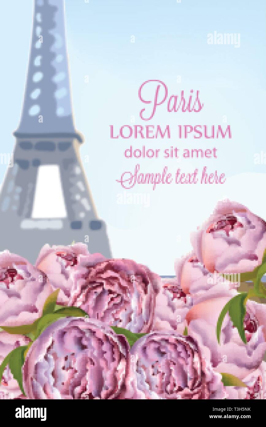 Ballons und Pfingstrose Blüten in Paris Vektor. Romantische Karte Frühling am Eiffelturm Stock Vektor