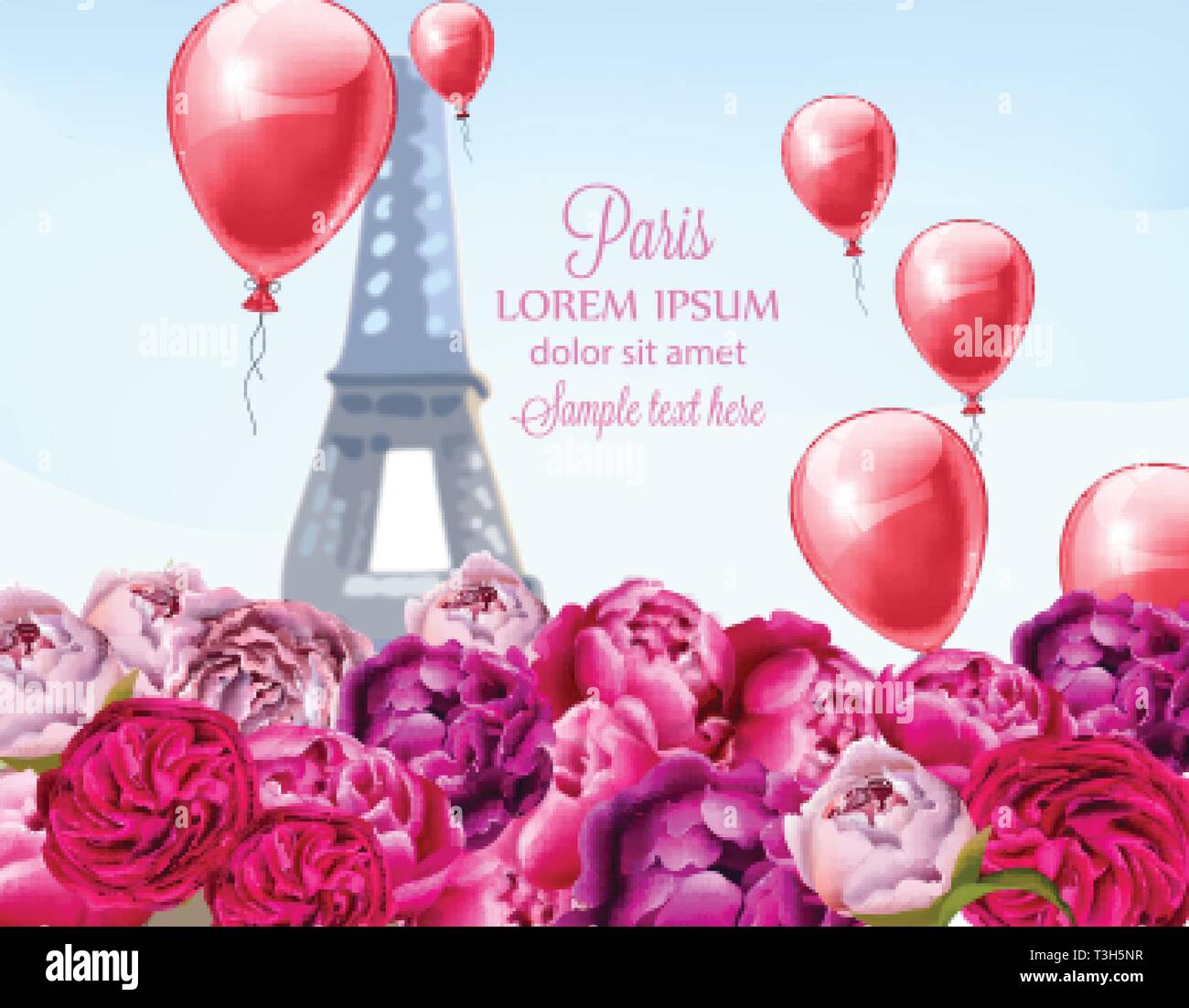 Ballons und Pfingstrose Blüten in Paris Vektor. Romantische Karte Frühling am Eiffelturm Stock Vektor