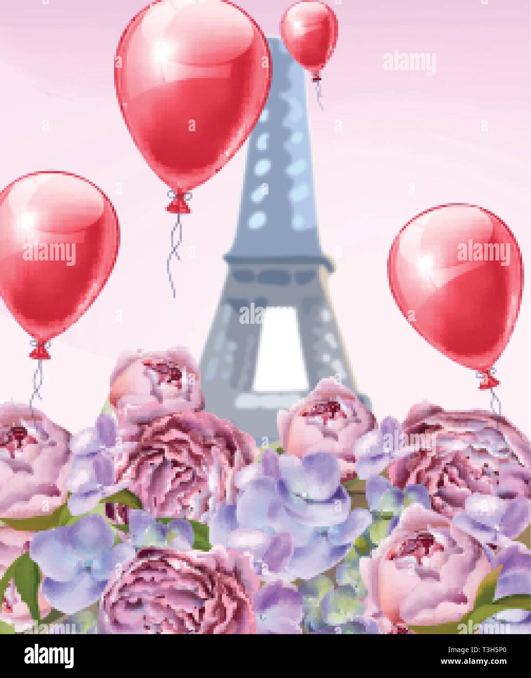 Ballons und Pfingstrose Blüten in Paris Vektor. Romantische Karte Frühling am Eiffelturm Stock Vektor