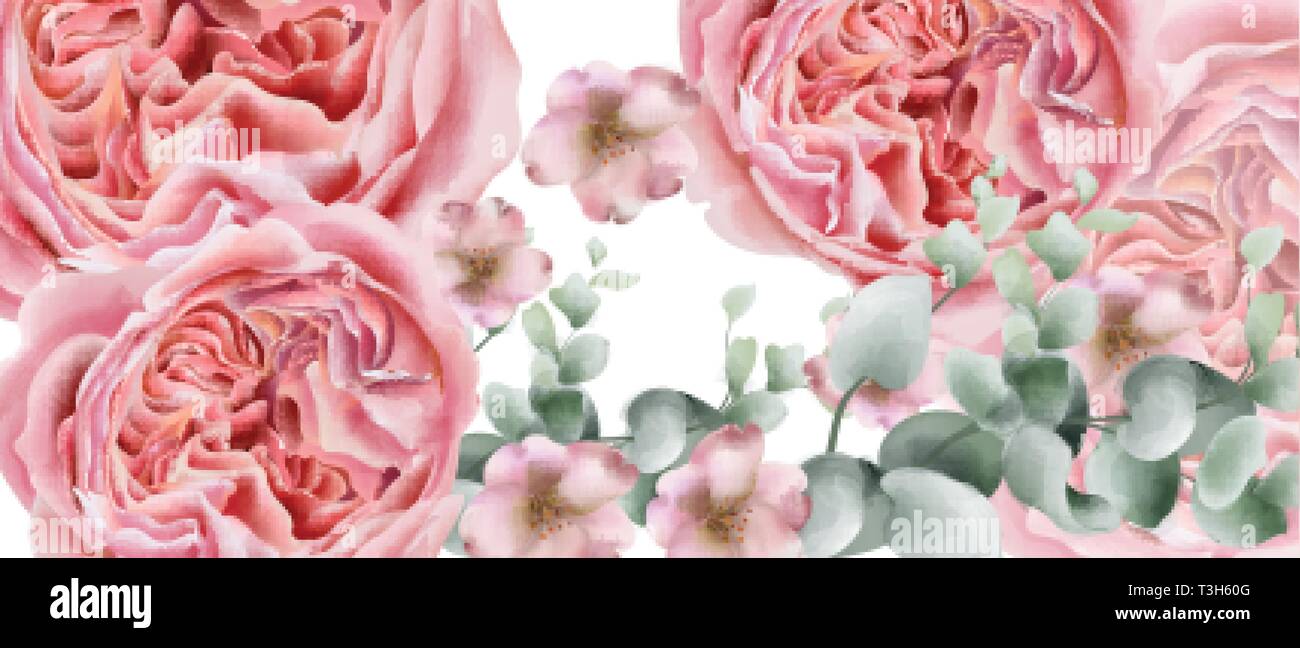 Pfingstrose Blüten Karte Vektor Aquarell. Farbenfrohe saisonale Einrichtung Hintergrund Stock Vektor