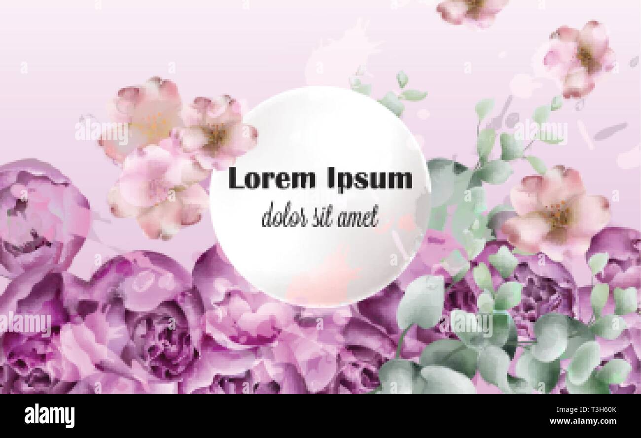 Pfingstrose Blüten Karte Vektor Aquarell. Farbenfrohe saisonale Einrichtung Hintergrund Stock Vektor