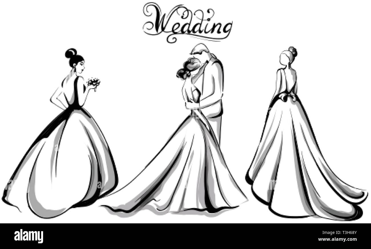 Hochzeit paar silhouette Vektor line Art. Schöne Bräute, lange Kleider. Vorlage für Karte Stock Vektor