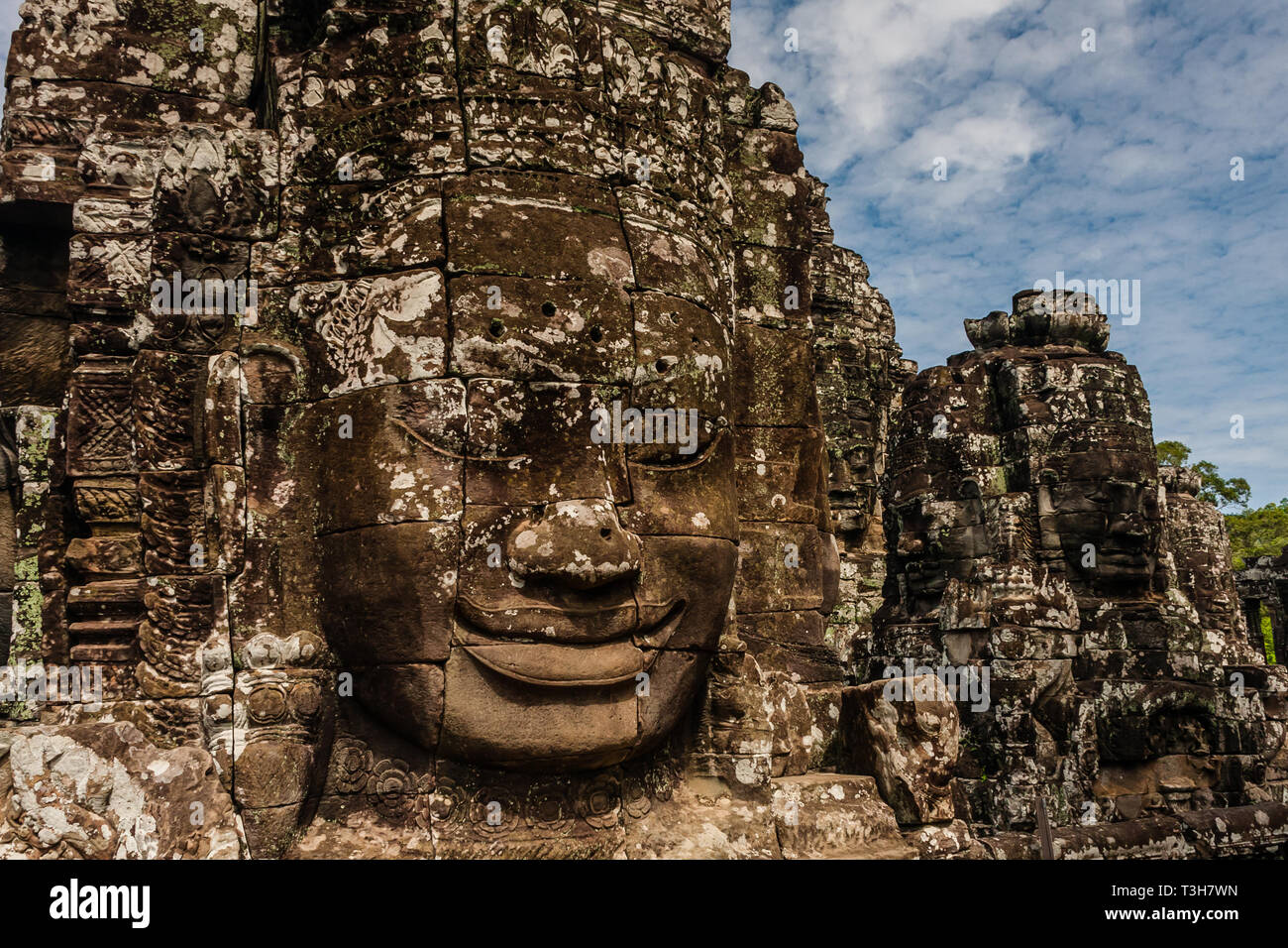 Gesicht - Türme, die Bodhisattva Avalokiteshvara, der Bayon Tempel, Angkor Thom, Siem Reap Stockfoto