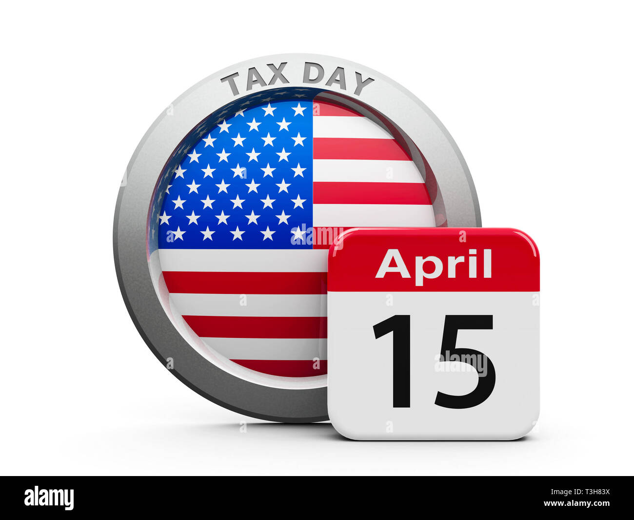 Emblem der USA mit "Kalender" - Der 15. April - stellt Steuer Tag 2019 in den USA, drei-dimensionale Darstellung, 3D-Darstellung Stockfoto