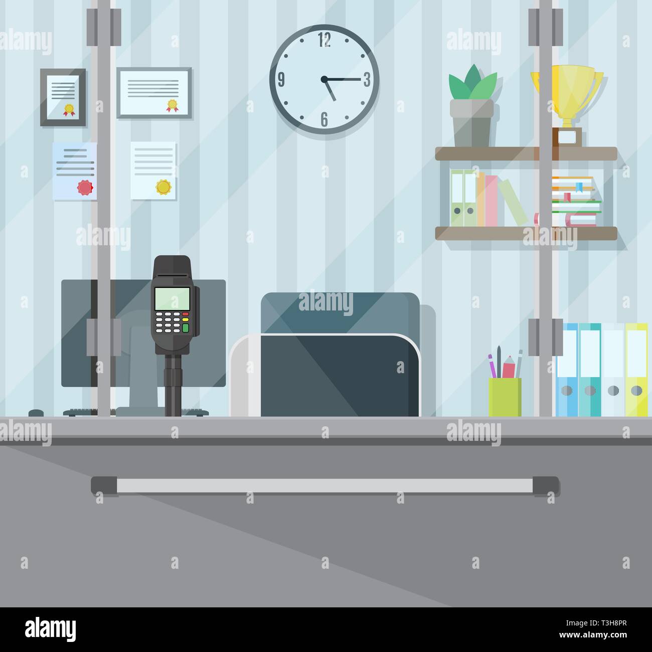 Bankangestellter Arbeitsplatz. Bücher, Tasse, Pflanze, Uhren, Computer und Tastatur Terminal. Leute Service und Zahlung. Vector Illustration im flachen Stil Stock Vektor